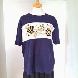 I.B. Diffusion | Blue & white embroidered sailing graphics with rhinestones